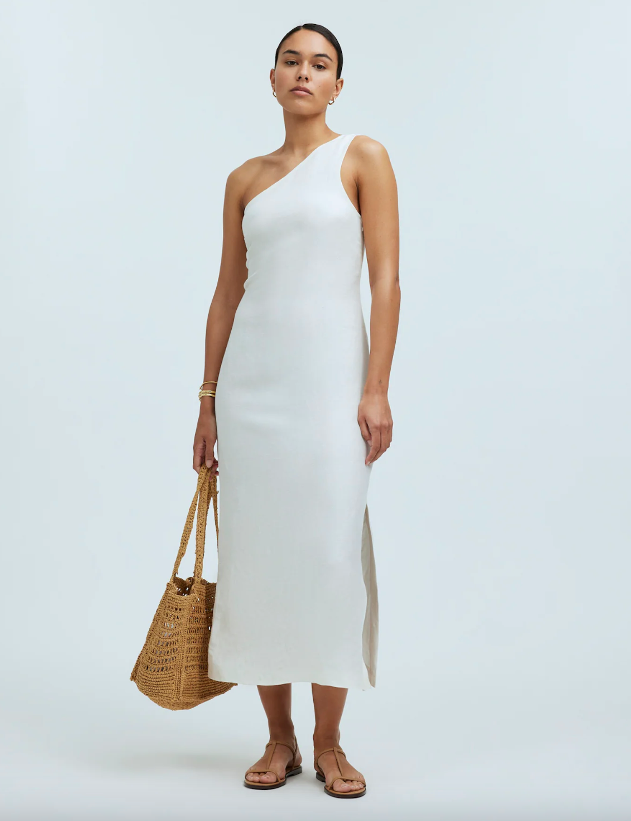 Madewell One Shoulder Midi Dress Linen Blend Lighthouse Minimalist Us 6 Nwt